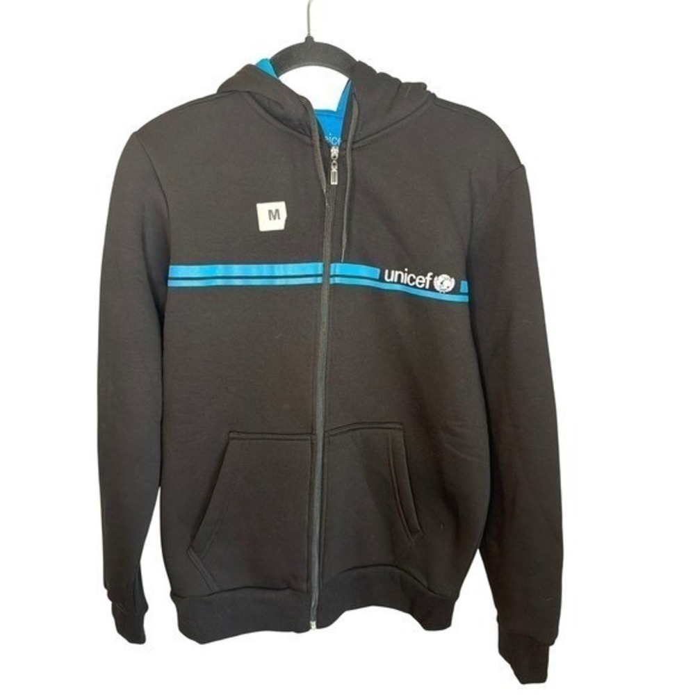 UNICEF Full Zip Hoodie Black Blue Stripe Logo Sweatshirt XL
